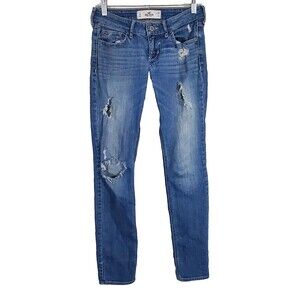 Hollister Jeans Womens 3 R 26x31 Mid Rise Skinny Destroyed Denim Blue Stretch